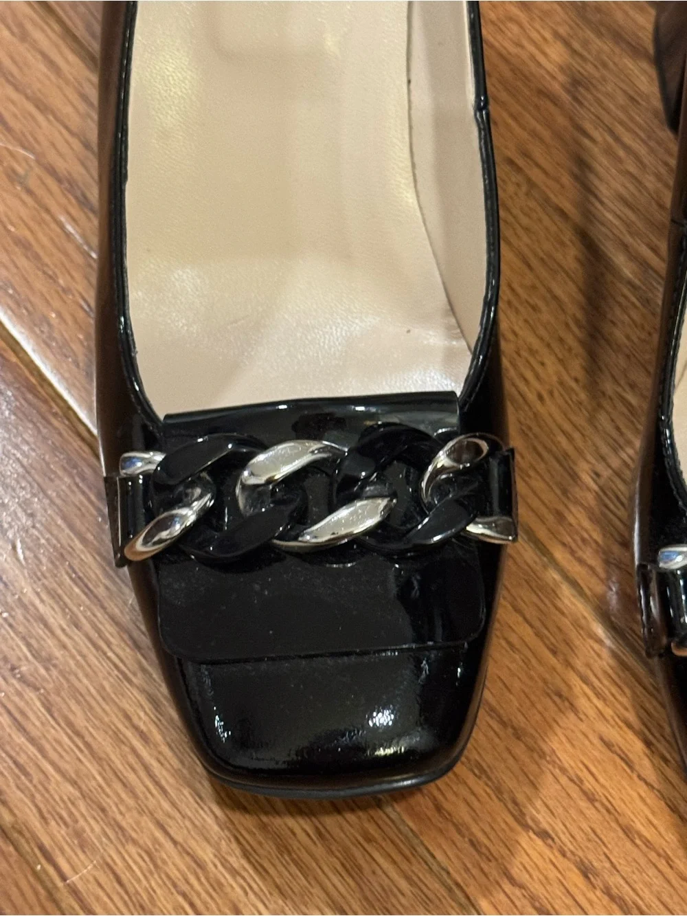Nero Giardini Patent Leather Black Chain-Trim Block Heel Pumps